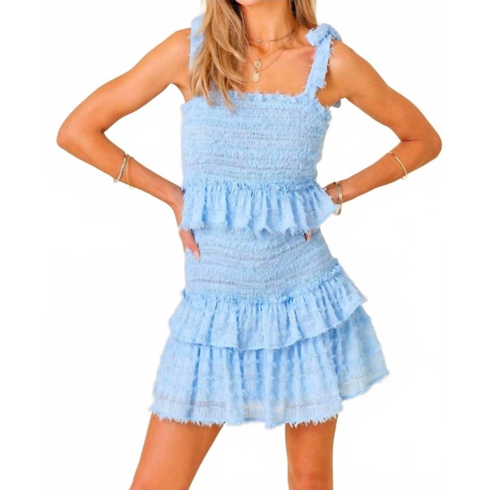 Baby Pink Light Blue Smocked Tiered Ruffle Mini Dress Size M Tie Strap Textured